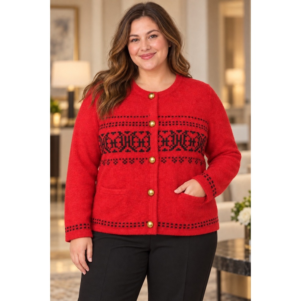 Free Assembly Women XL Red Fair Isle Cardigan Sweater Gold Buttons NWT